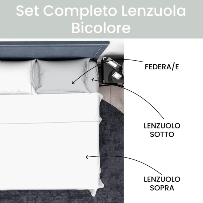 Completo lenzuola una piazza e mezza in cotone bicolore morbido e traspirante, set letto con lenzuolo sopra, sotto con angoli e federa, design con piping a contrasto elegante, tessuto leggero e resistente 116 gsm, certificato OEKO-TEX, comfort quotidiano