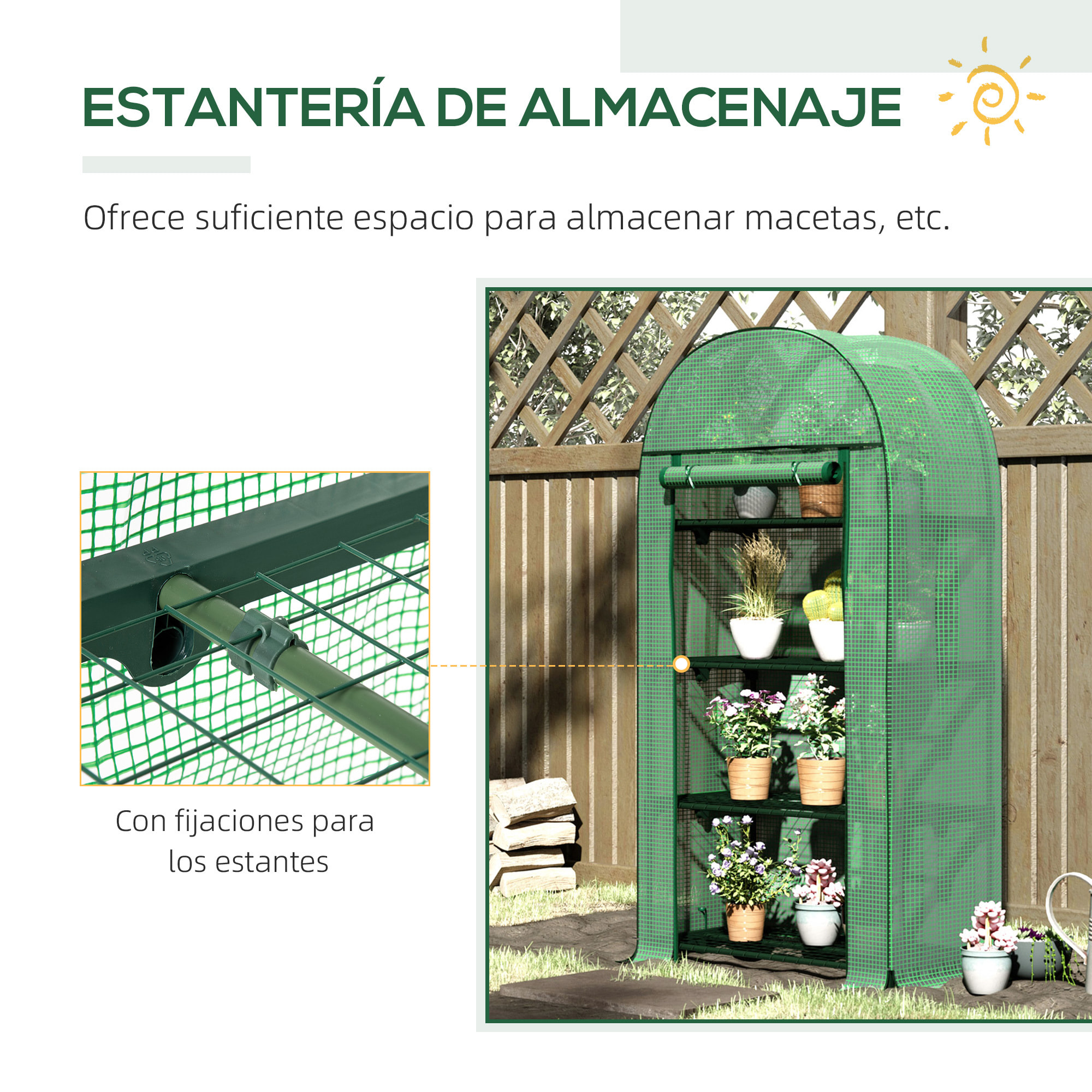 Invernadero de Jardín con 4 Estantes Metálicos Puerta Enrollable y Cubierta de PE Vivero Casero de Terraza para Cultivo Plantas Flores Macetas 80x49x160 cm Verde
