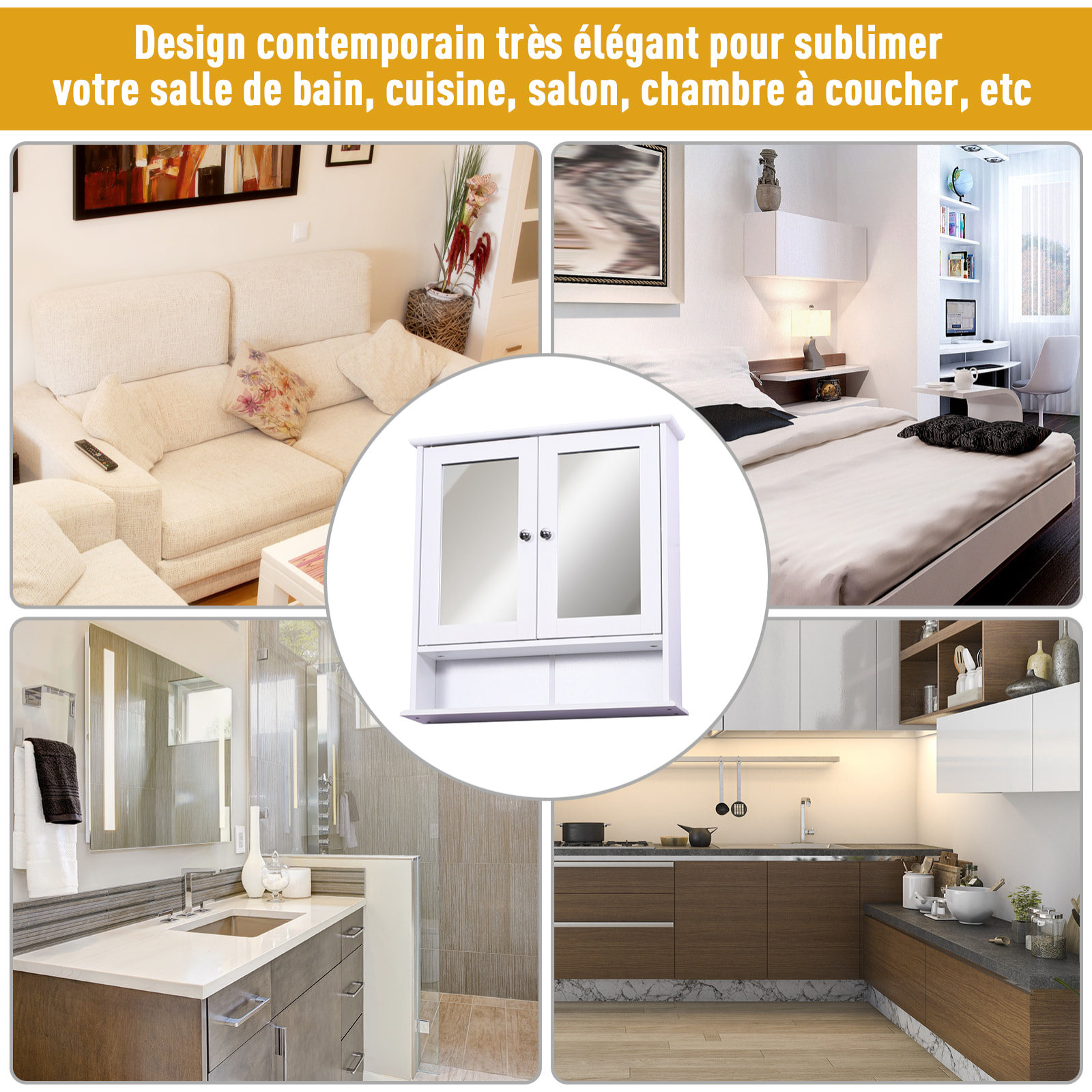 Armoire murale étagère salle de bain 56L x 13l x 58H cm double porte miroir étagère réglable MDF blanc