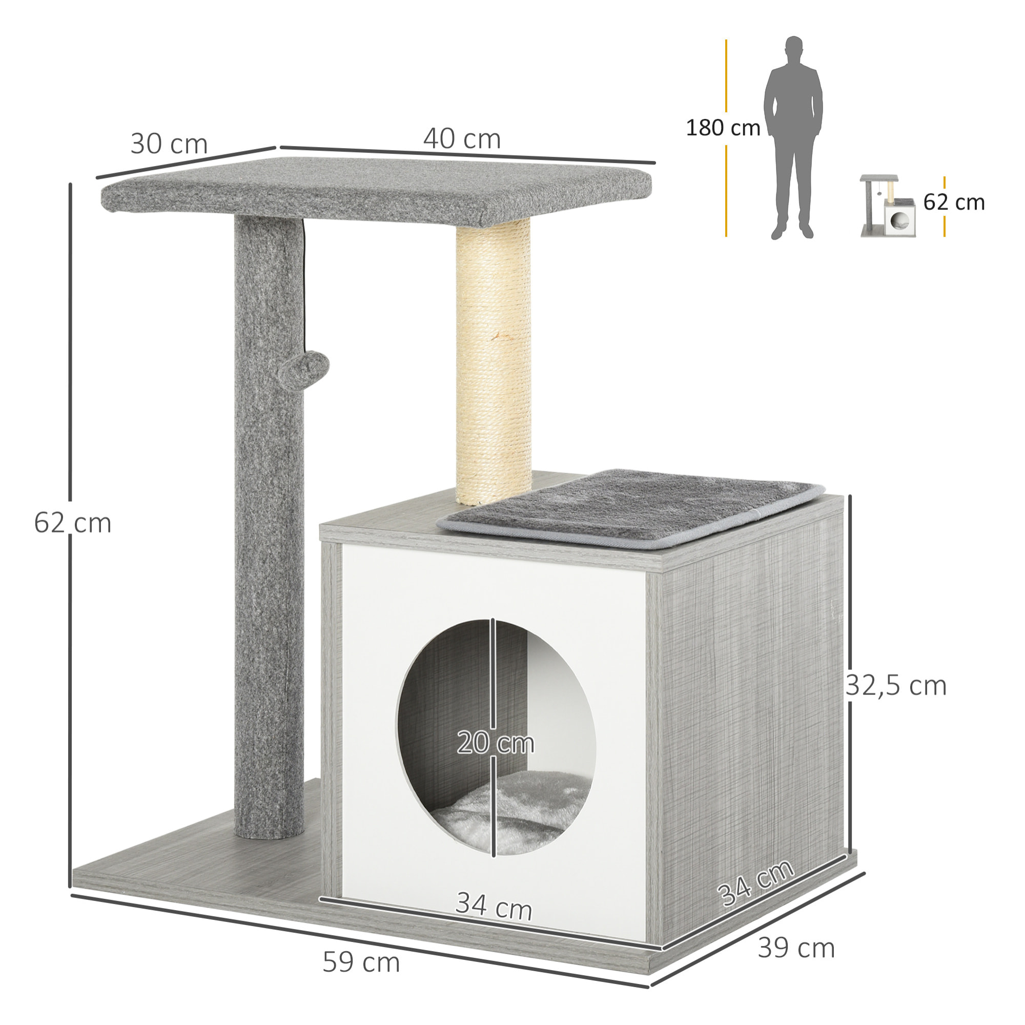 árbol Rascador de Gatos de Felpa y Sisal 59x39x62 cm Gris