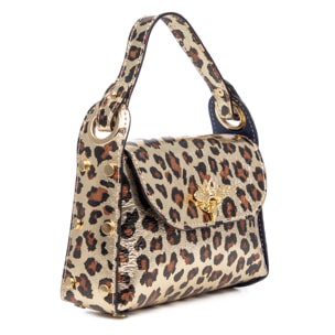 Aquileia bolso de mano mujer. Piel auténtica Gamuza con estampado animal print leopardo lacada brillante.