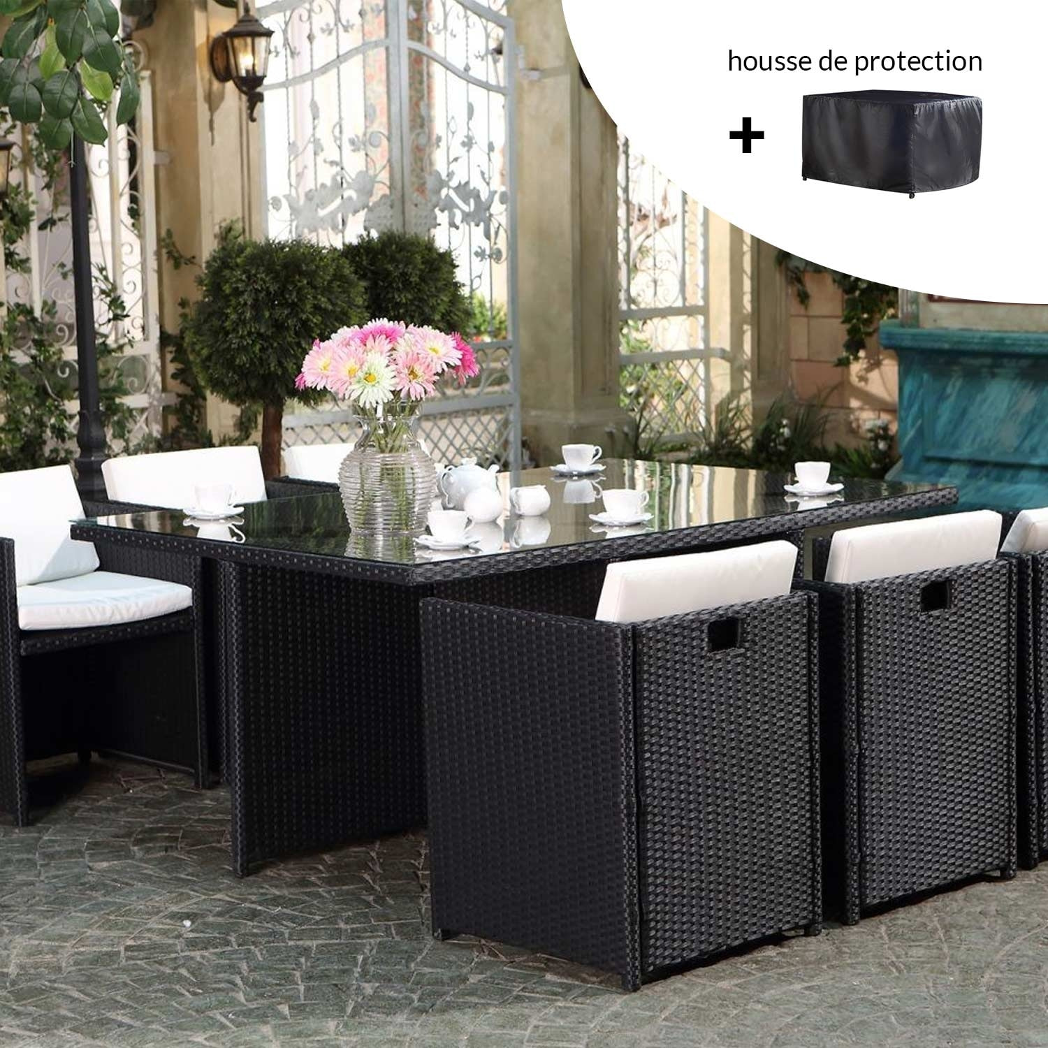 Salon de jardin 6 places noir-blanc + housse de protection REGINA