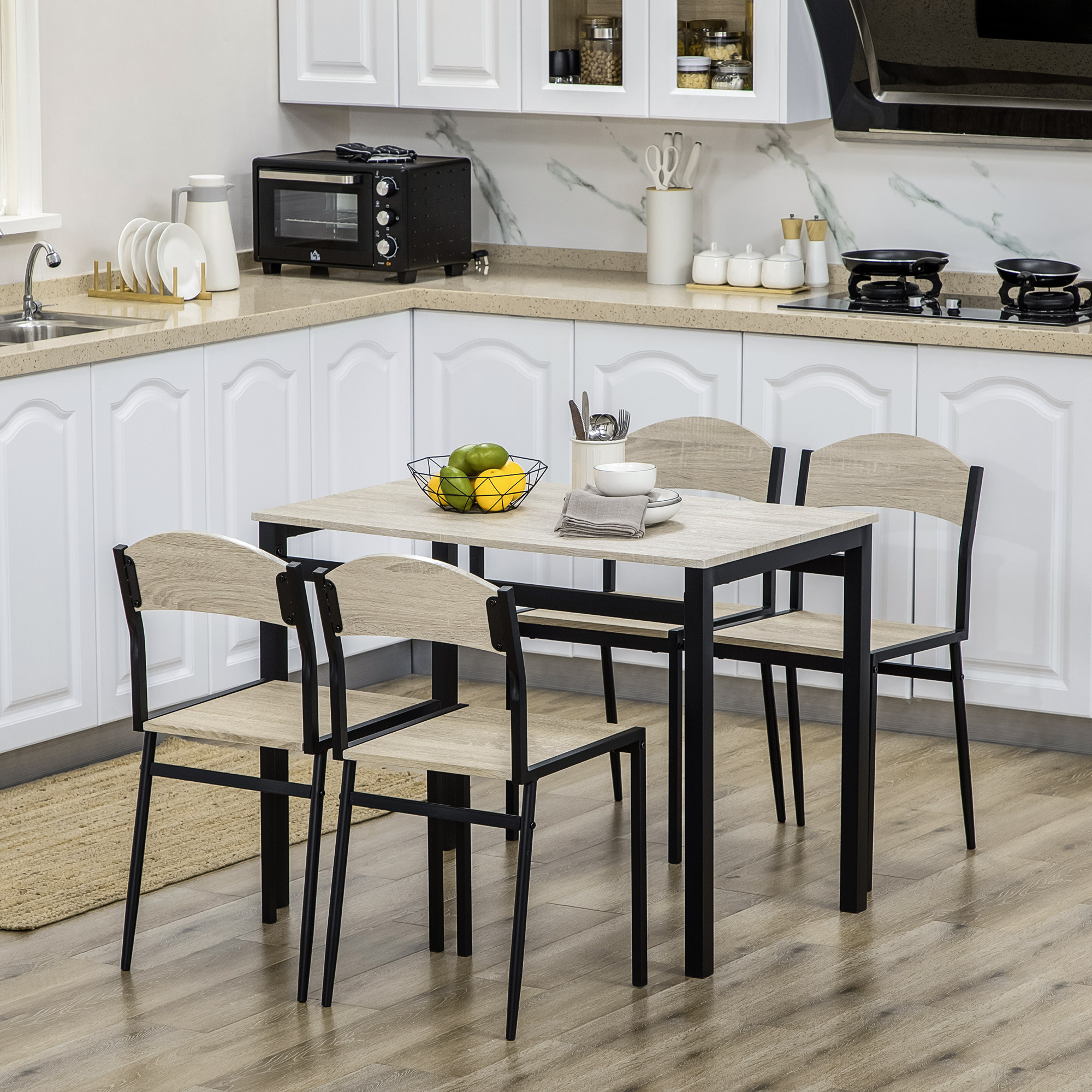 Juego de Mesa y Sillas de Comedor, Mesa de Cocina Rectangular con 4 Sillas, Estilo Moderno, Marco Metálico, para Espacios Pequeños, Salón, Roble y Negro