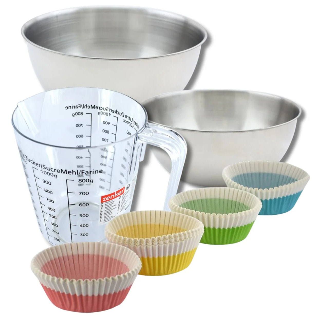 Set pâtisserie avec 100 moules à muffins papier 5 cm, 2 bols à mixer, verre mesureur et spatule Zenker