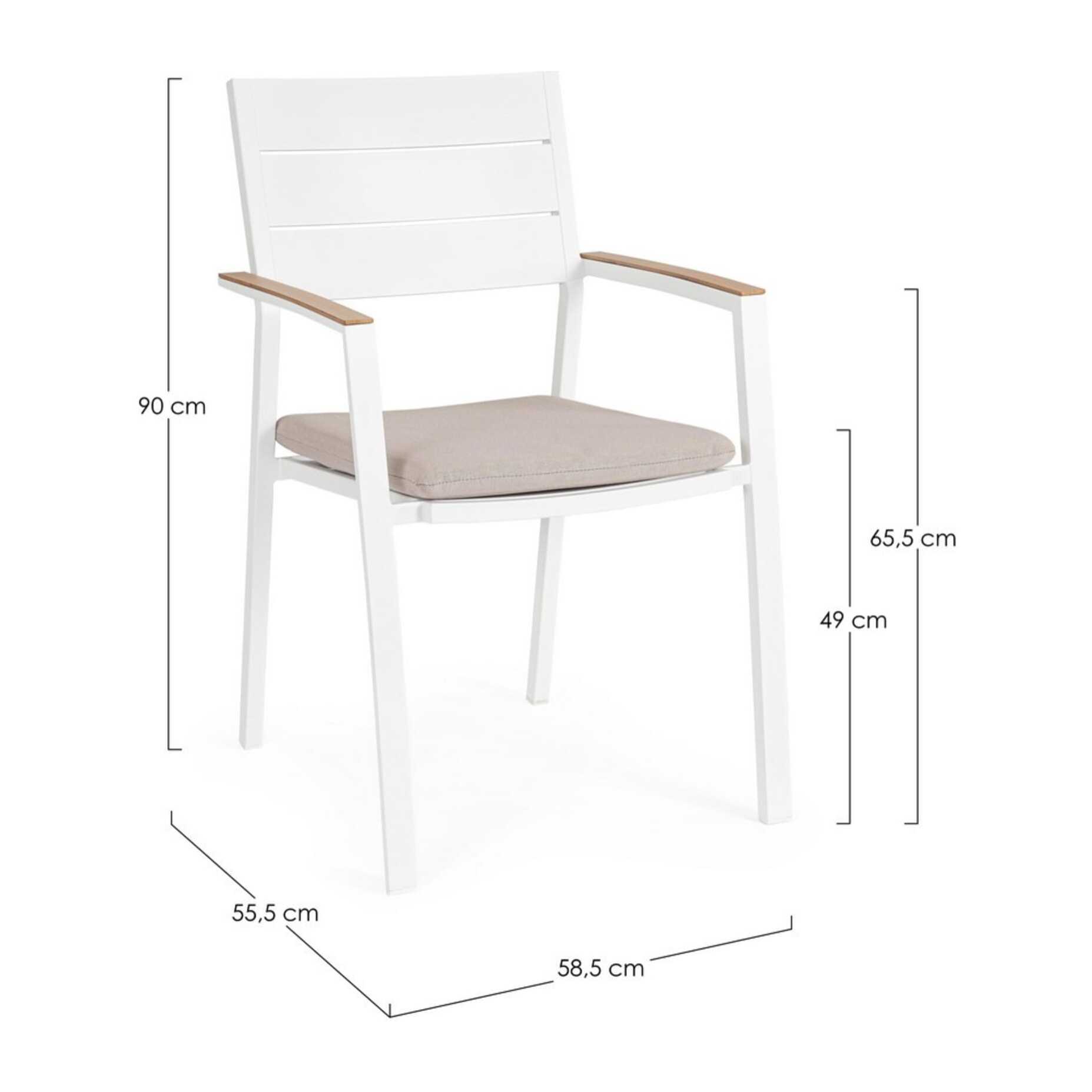 Set 4 sedie da giardino ZELMAR con cuscino tortora, braccioli effetto legno e struttura in alluminio bianco