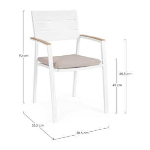 Set 4 sedie da giardino ZELMAR con cuscino tortora, braccioli effetto legno e struttura in alluminio bianco