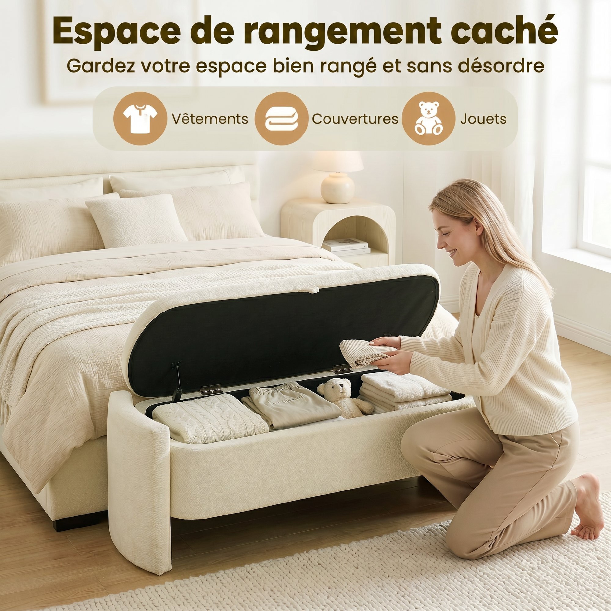 Banquette coffre de rangement design bouclette arrondi beige