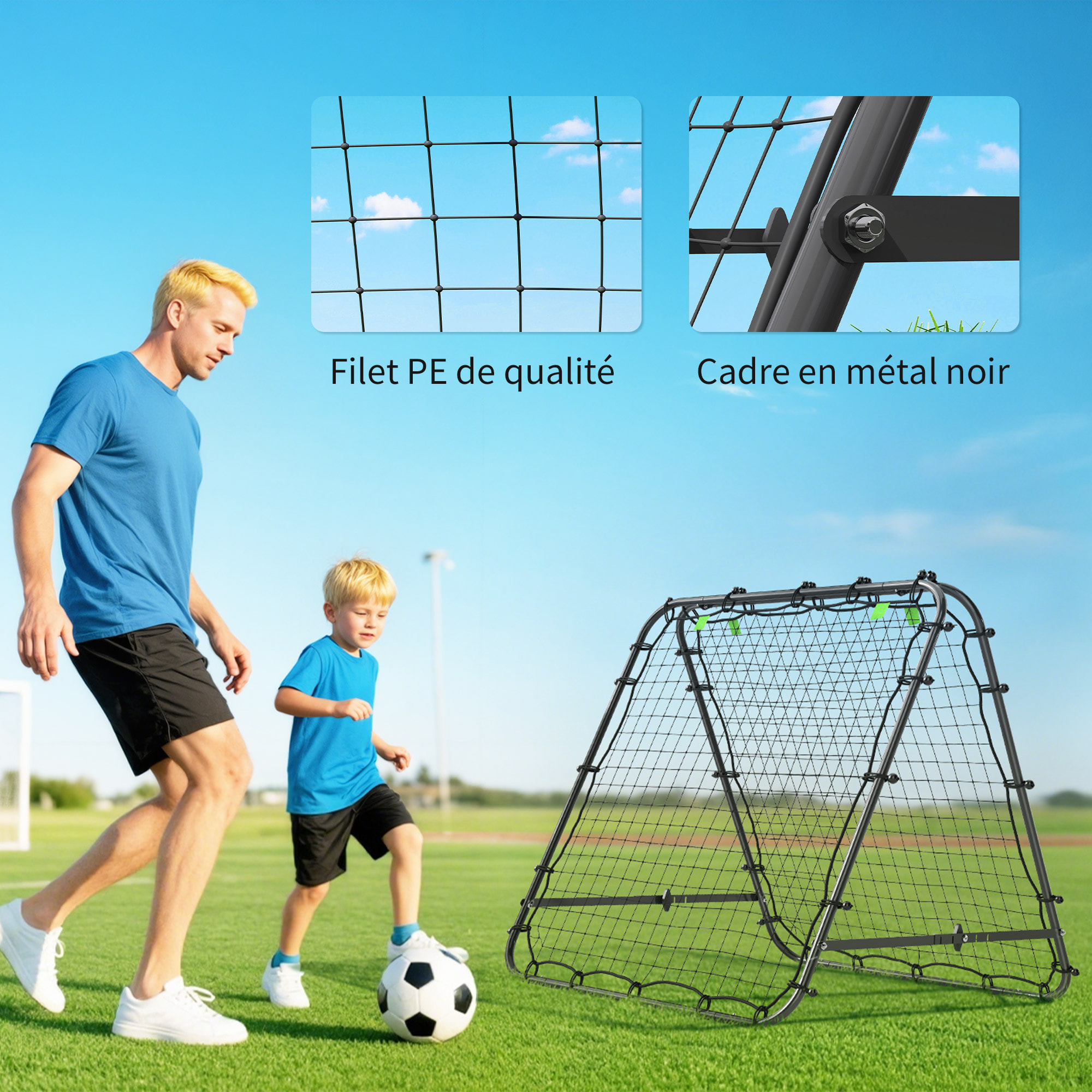 Filet de rebond double face 91 x 91 cm, pliable, rebondisseur pour entraînement football, réglable dans 5 angles, structure en acier, noir