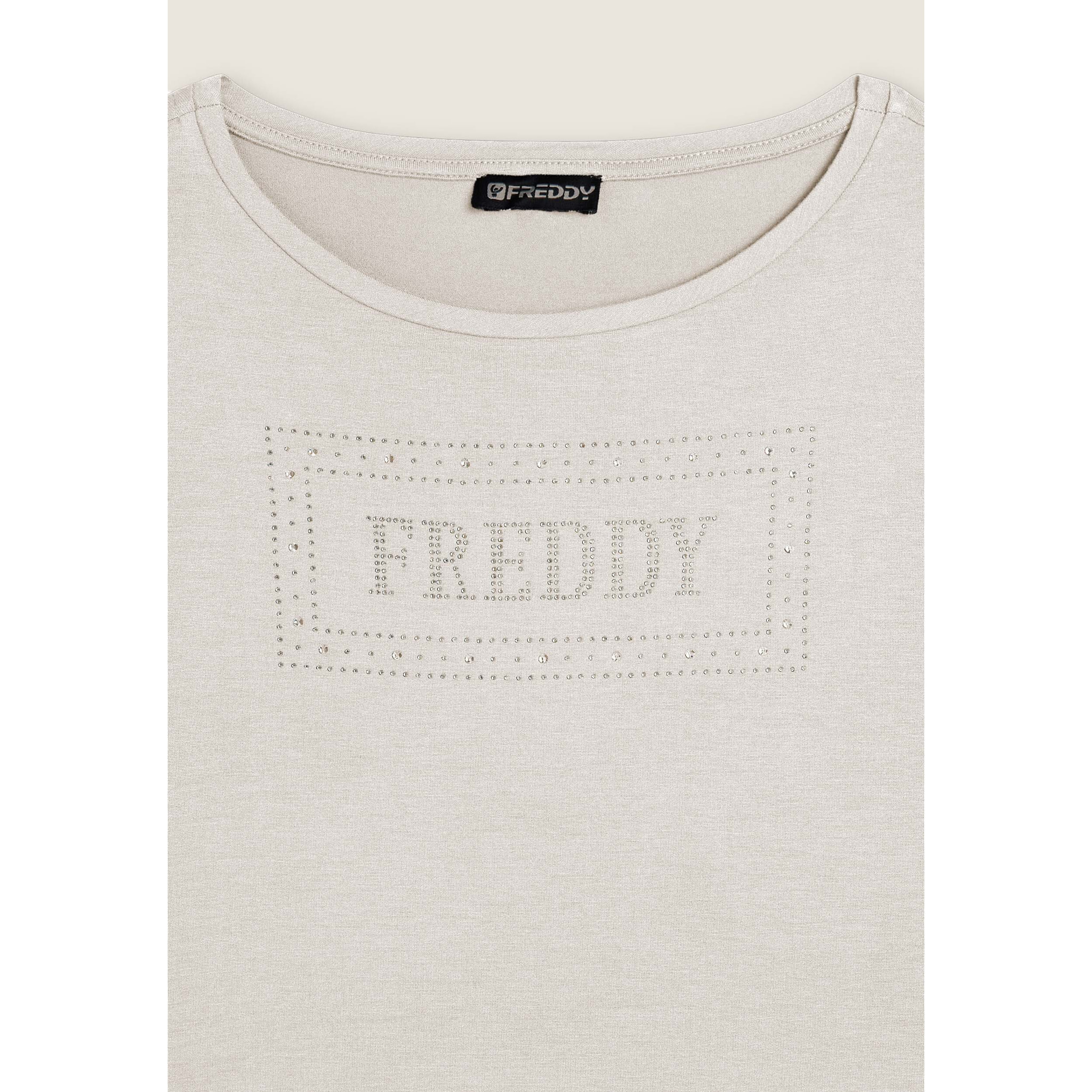 T-shirt donna con logo strass e glitter