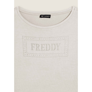 T-shirt donna con logo strass e glitter