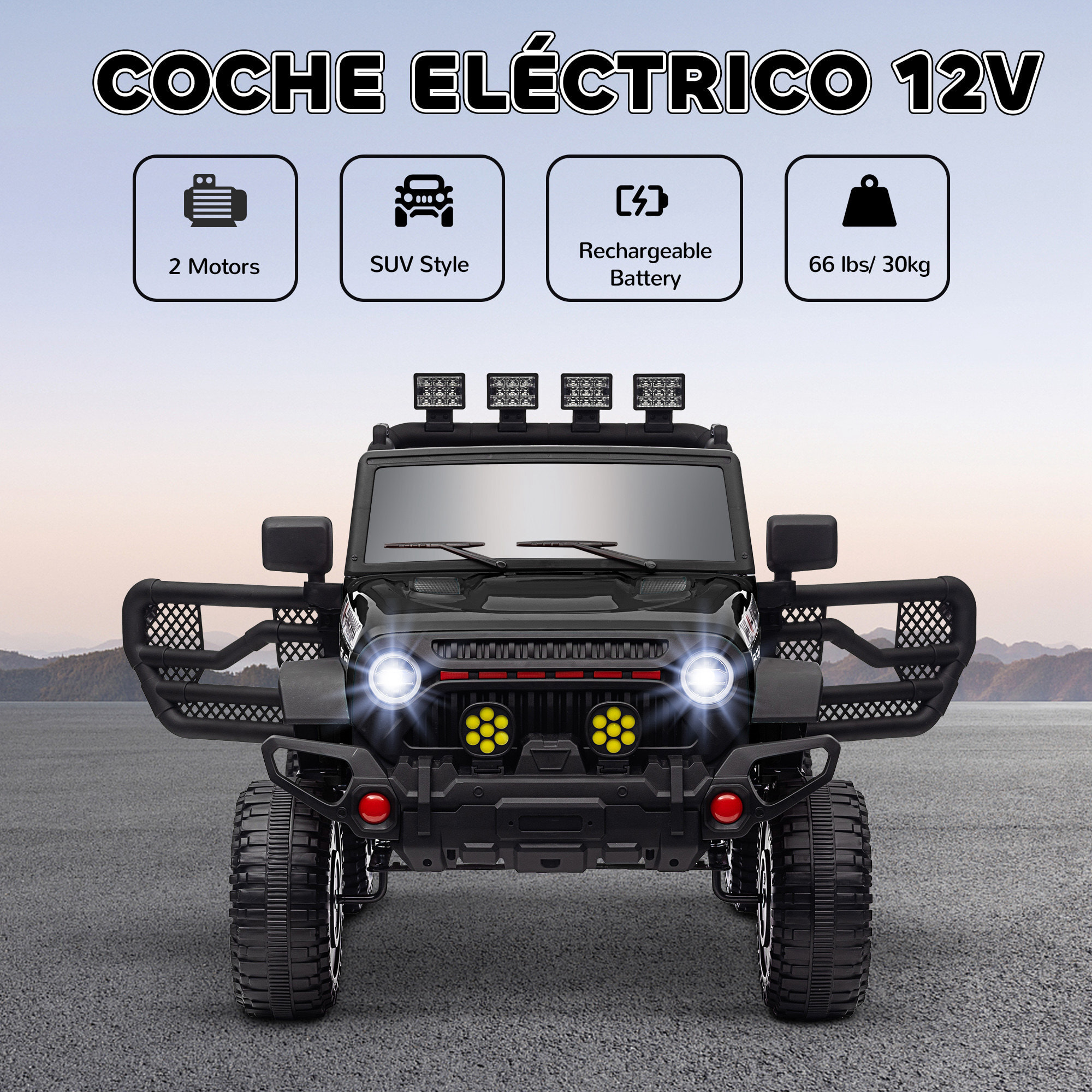 Coche Eléctrico para Niños de +3 Años Carro Eléctrico Infantil Todoterreno de Batería 12V con Mando a Distancia Bluetooth Faros LED Bocina Música Negro