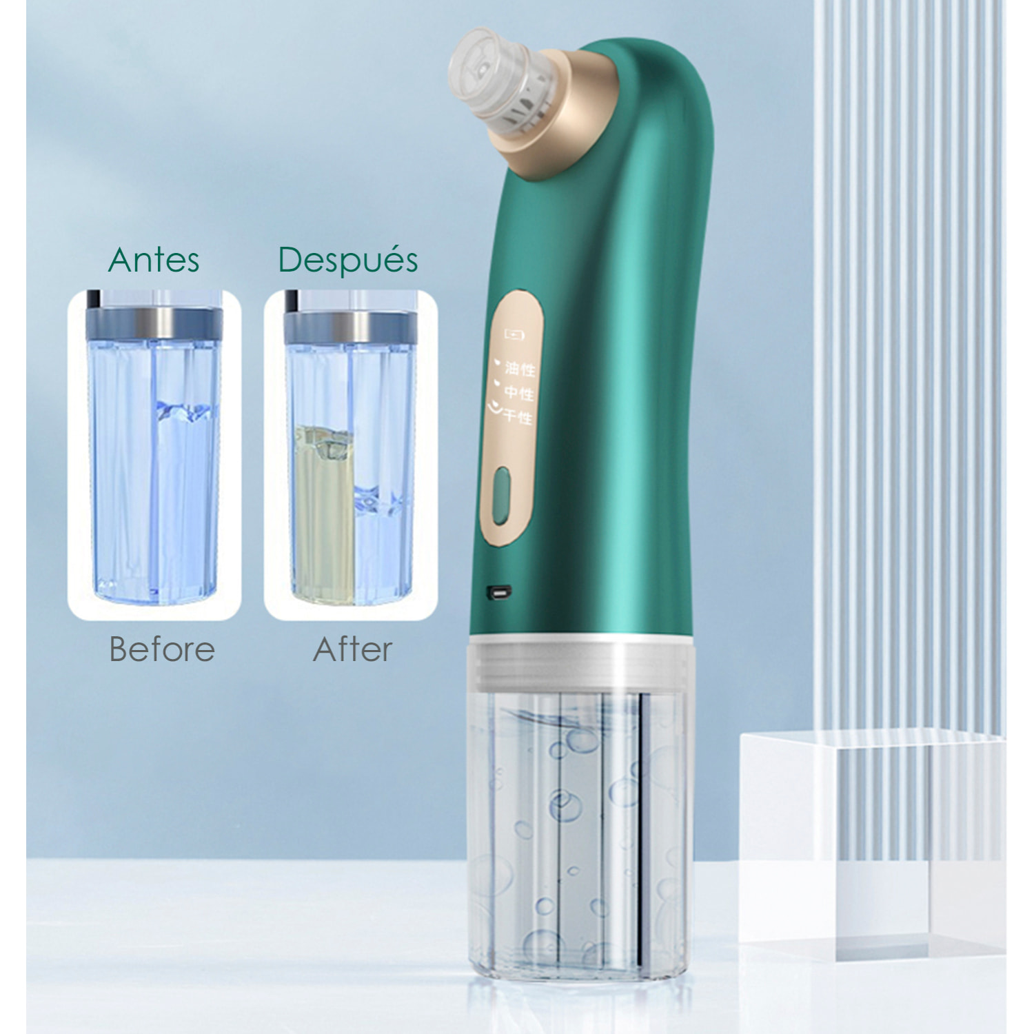 Strumento per aspirare i punti neri, pulire i pori. 3 modalità, doppio serbatoio dell'acqua, 6 teste.