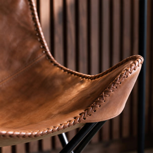Fauteuil papillon en cuir de buffle marron - Octave