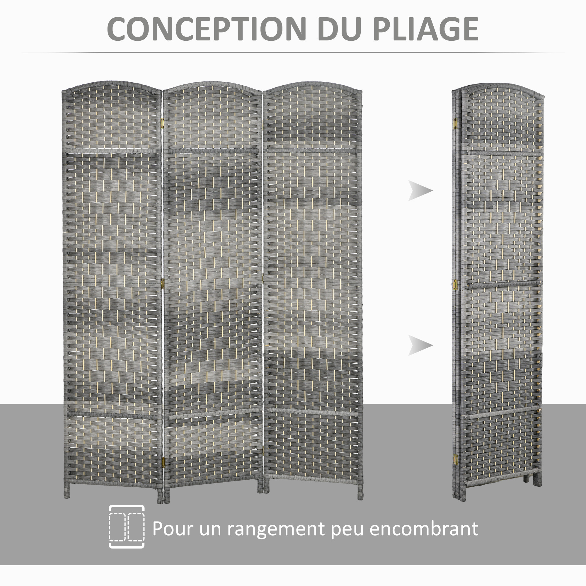 Paravent intérieur 3 panneaux pliables en bois séparateur de pièce style bohème tissé gris