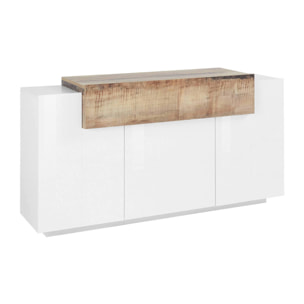 Credenza moderna a 4 ante con ribalta, Made in Italy, Madia da cucina, Buffet di design da soggiorno, cm 160x45h86, colore Bianco lucido e Acero