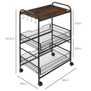 Carrito Auxiliar con Ruedas Carrito Verdulero de 3 Niveles Carrito de Cocina con 2 Cestas y 4 Ganchos para Comedor Salón 60x38x85,5 cm Marrón Rústico