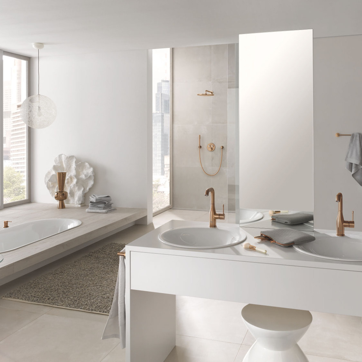 Ensemble douche de tête et bras 380 mm, 1 jet - Warm Sunset brossé