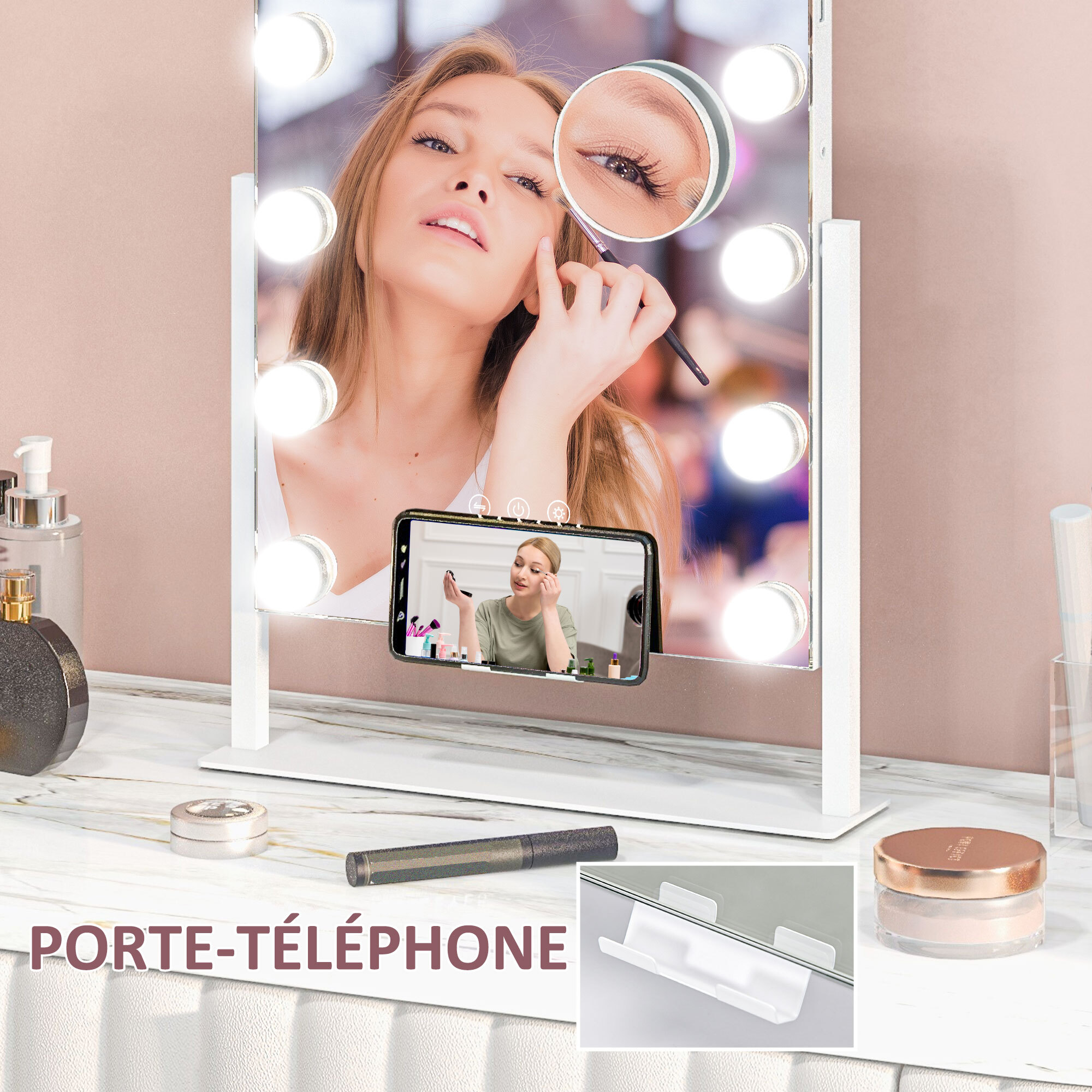 Miroir Hollywood LED rotatif grossissant dim. 36,5 x 45,5 cm 12 ampoules 3 modes luminosité port charge USB