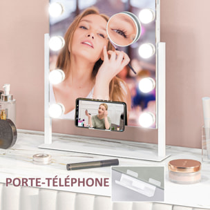 Miroir Hollywood LED rotatif grossissant dim. 36,5 x 45,5 cm 12 ampoules 3 modes luminosité port charge USB