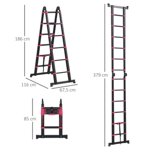 Escalera de Aluminio Plegable 2 Formas de Uso Retráctil Portátil Escalera Telescópica 12 Escalones Antideslizantes Carga 150 kg 379x67,5x11 cm Negro y Rojo