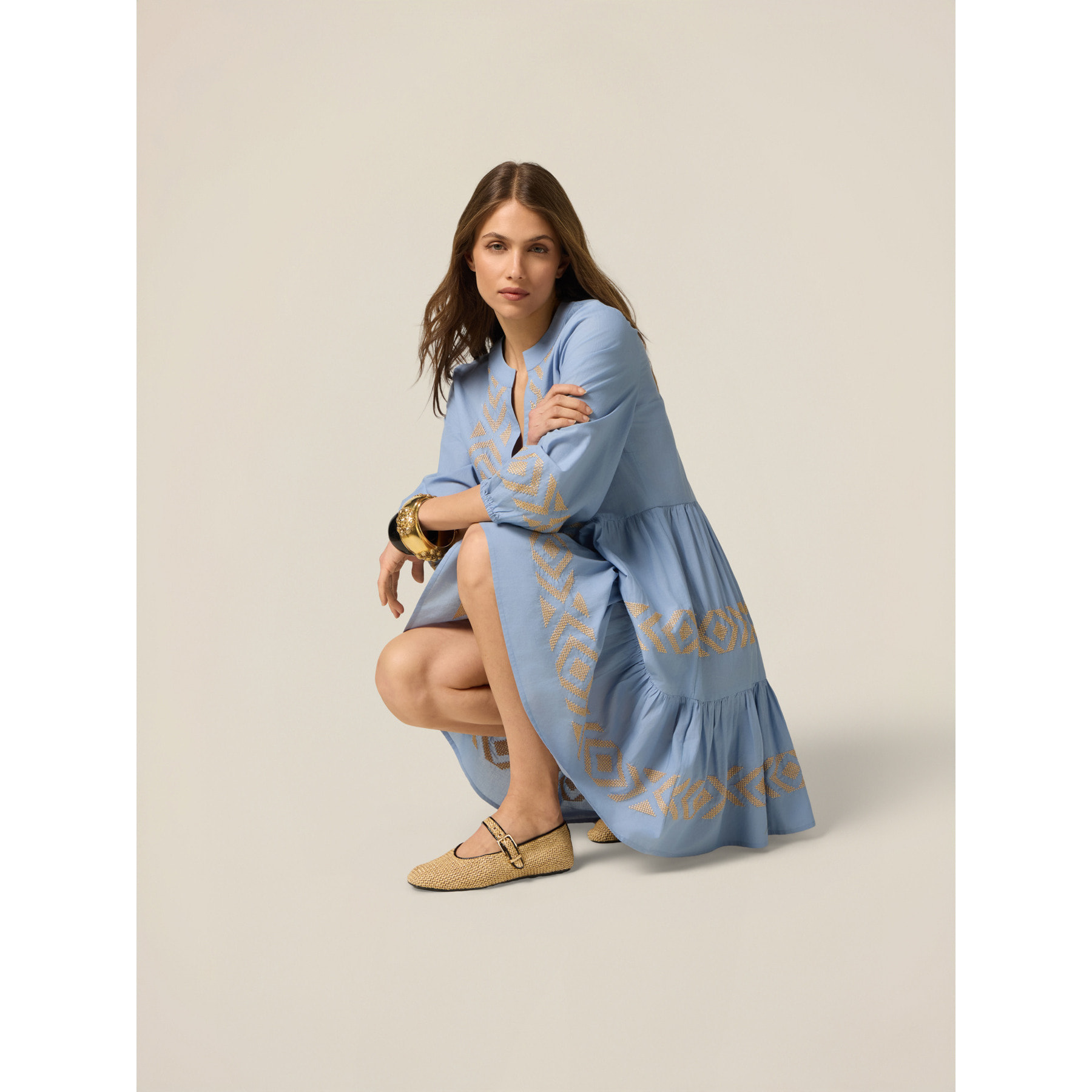 Oltre - Vestito flare in cotone con ricami - Azzurro