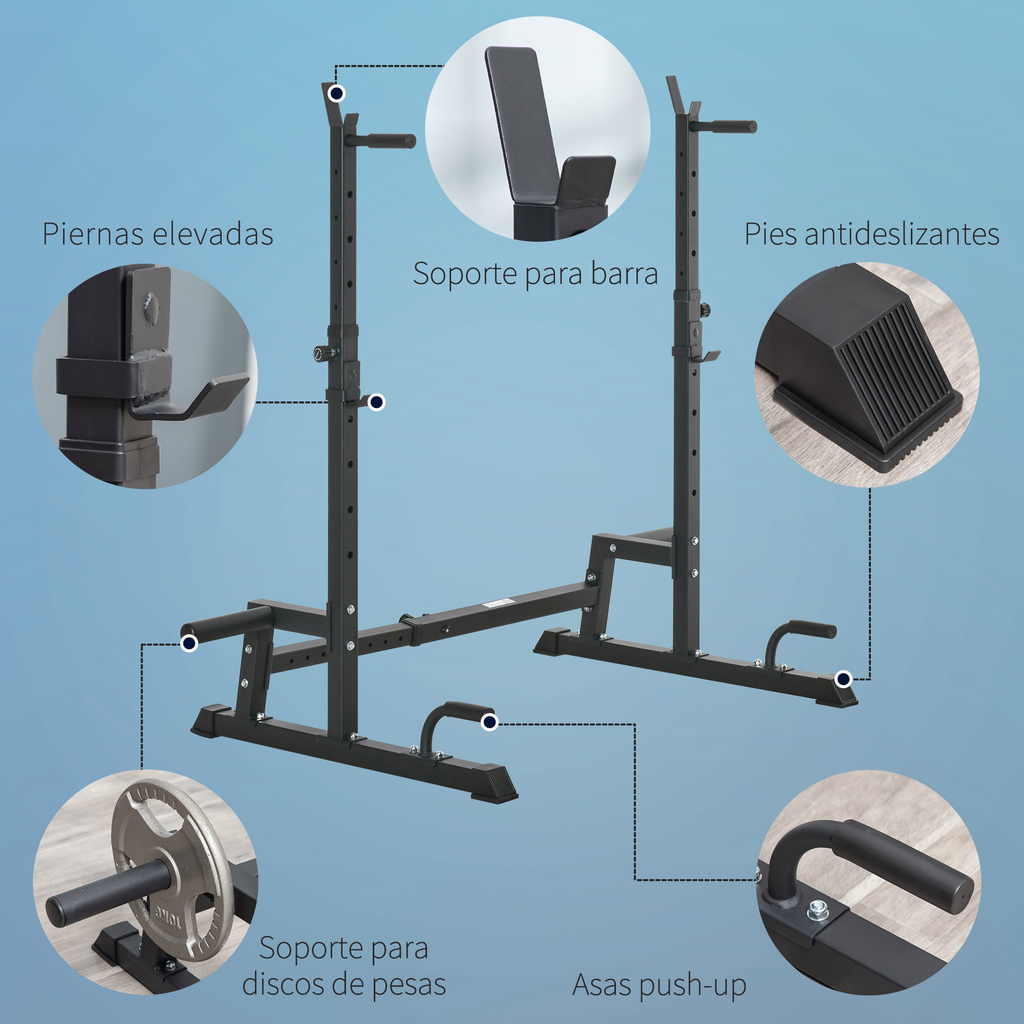 Soporte Ajustable para Barras de Pesas Flexiones de Acero 123-170x103x111-161 cm