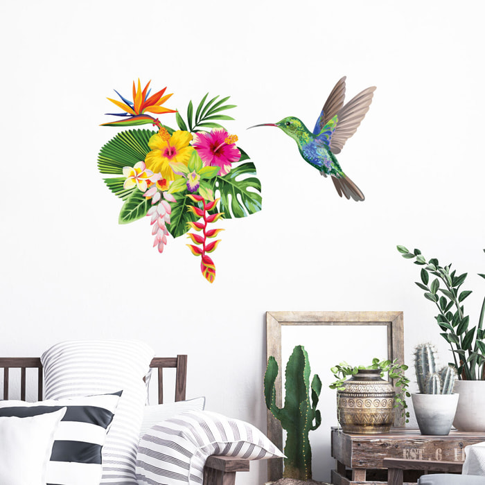 Stickers muraux | Sticker Mural Autocollant - FLEURS TROPICALES ET COLIBRI - adhésifs fond transparent