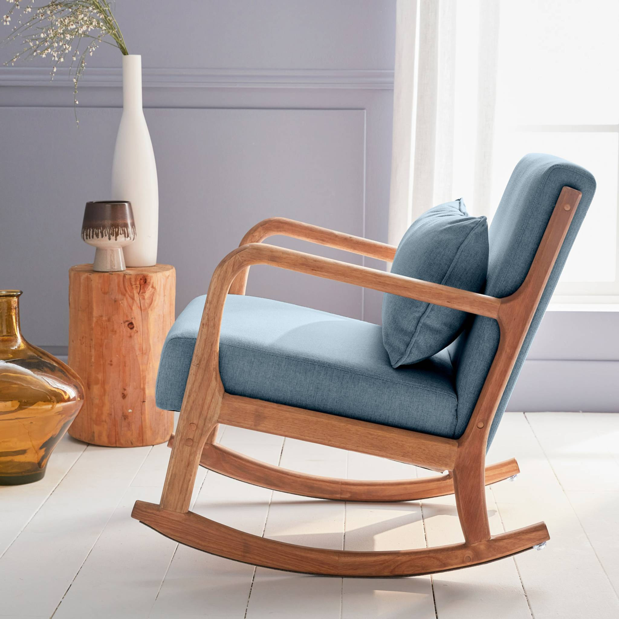 Fauteuil à bascule design en bois et tissu. 1 place. rocking chair scandinave. bleu