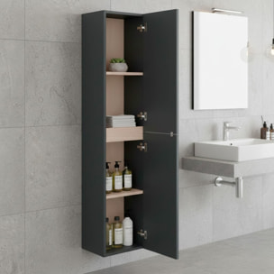 Colonna Da Bagno Sospesa Con 2 Ante E 2 Mensole Regolabili Mobile Alto In Melaminico Con Chiusura Assistita 135 x 31 x 26 Cm Grigio Antracite E Rovere