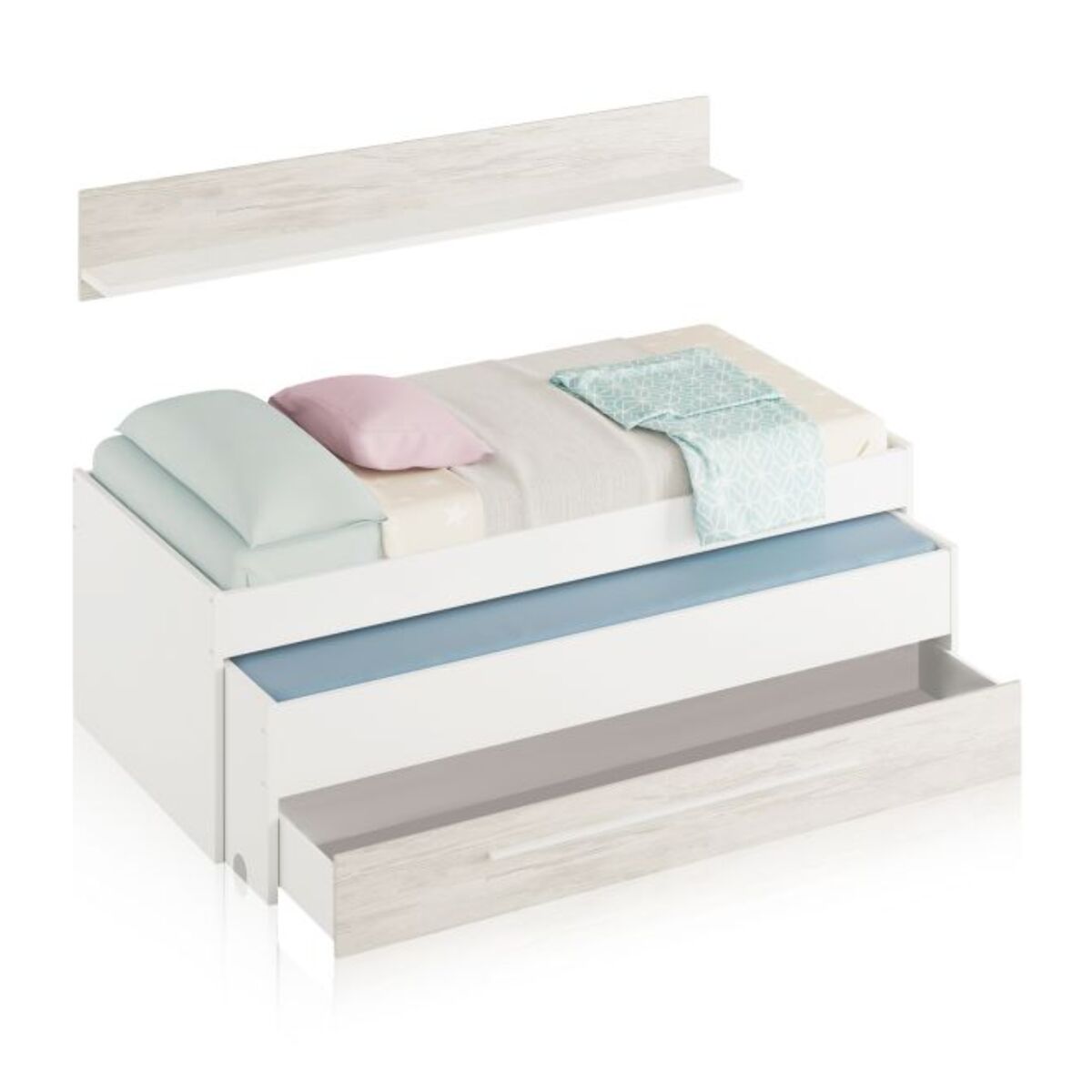 Cama doble juvenil con estante Elliot Blanco Artik (Blanco Mate) – Blanco Velho