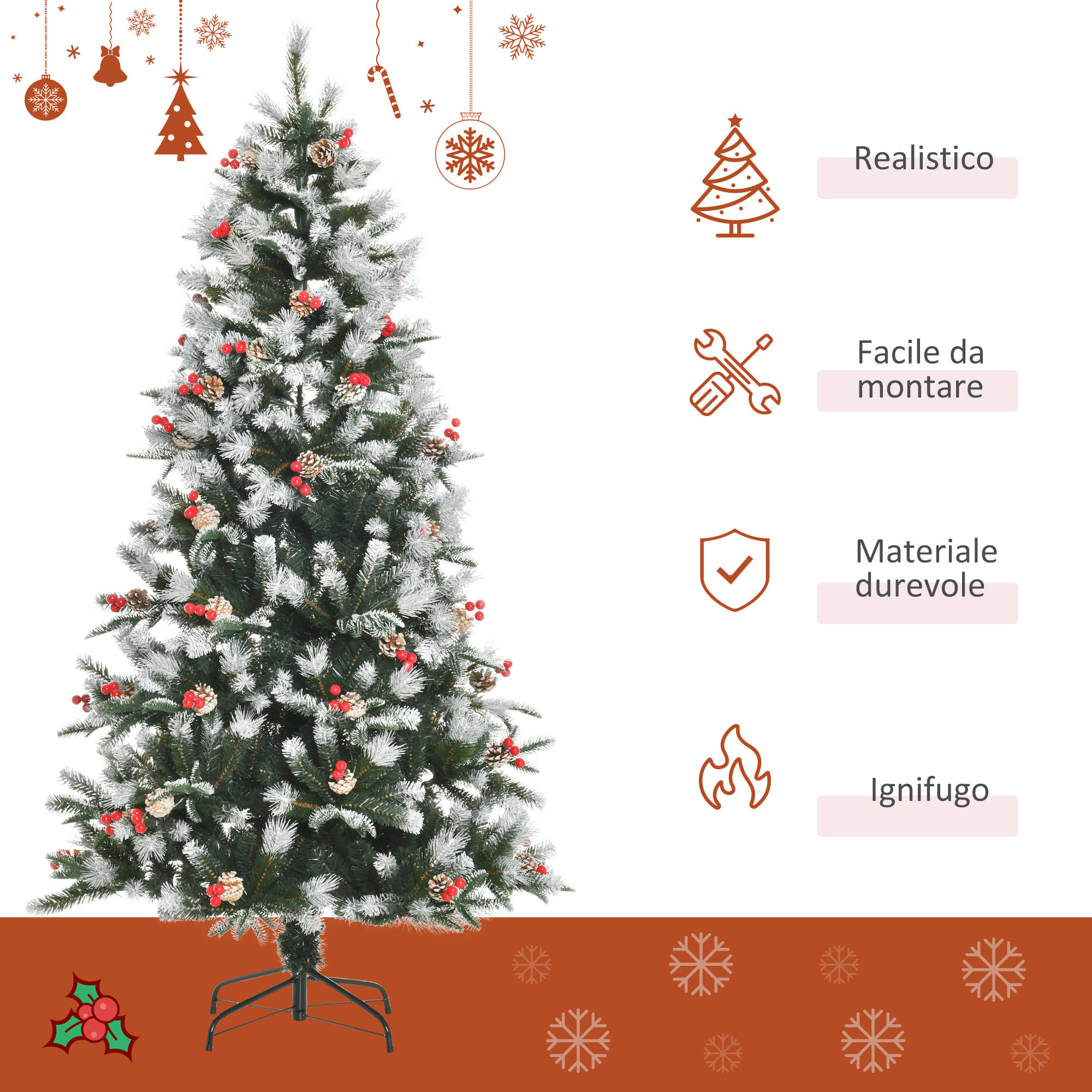 HOMCOM Albero di Natale Innevato con Bacche Rosse e Pigne Bianche, Base Rimovibile Pieghevole 180cm - Verde