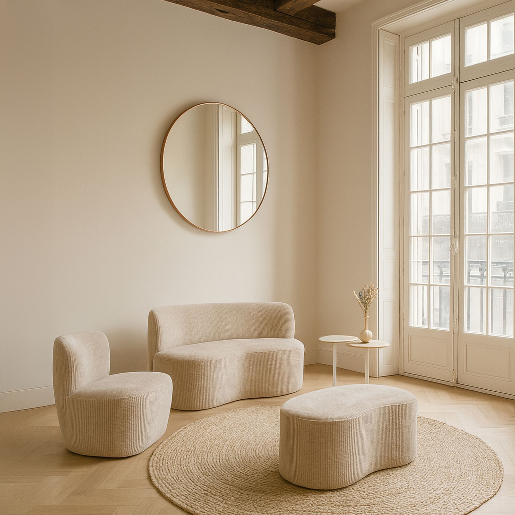 Fauteuil en tissu bouclette beige et structure en bois CÔME