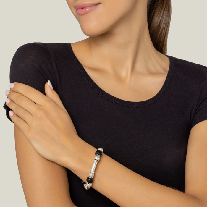 Pulsera plata cuero resina negro Liss negro