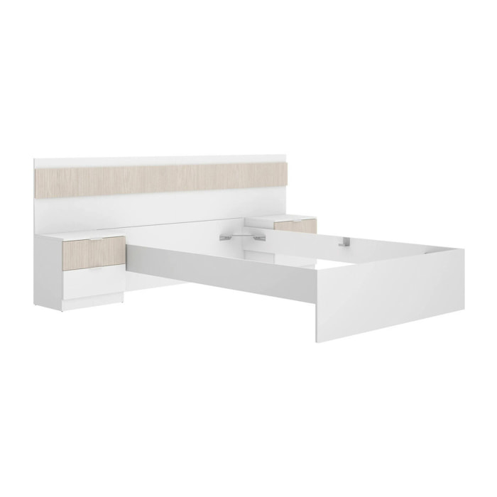 Letto alla francese Bonnie, Sommier per camera da letto, Giroletto per stanza, Struttura porta materasso, 248x195 h96 cm, Bianco e Rovere