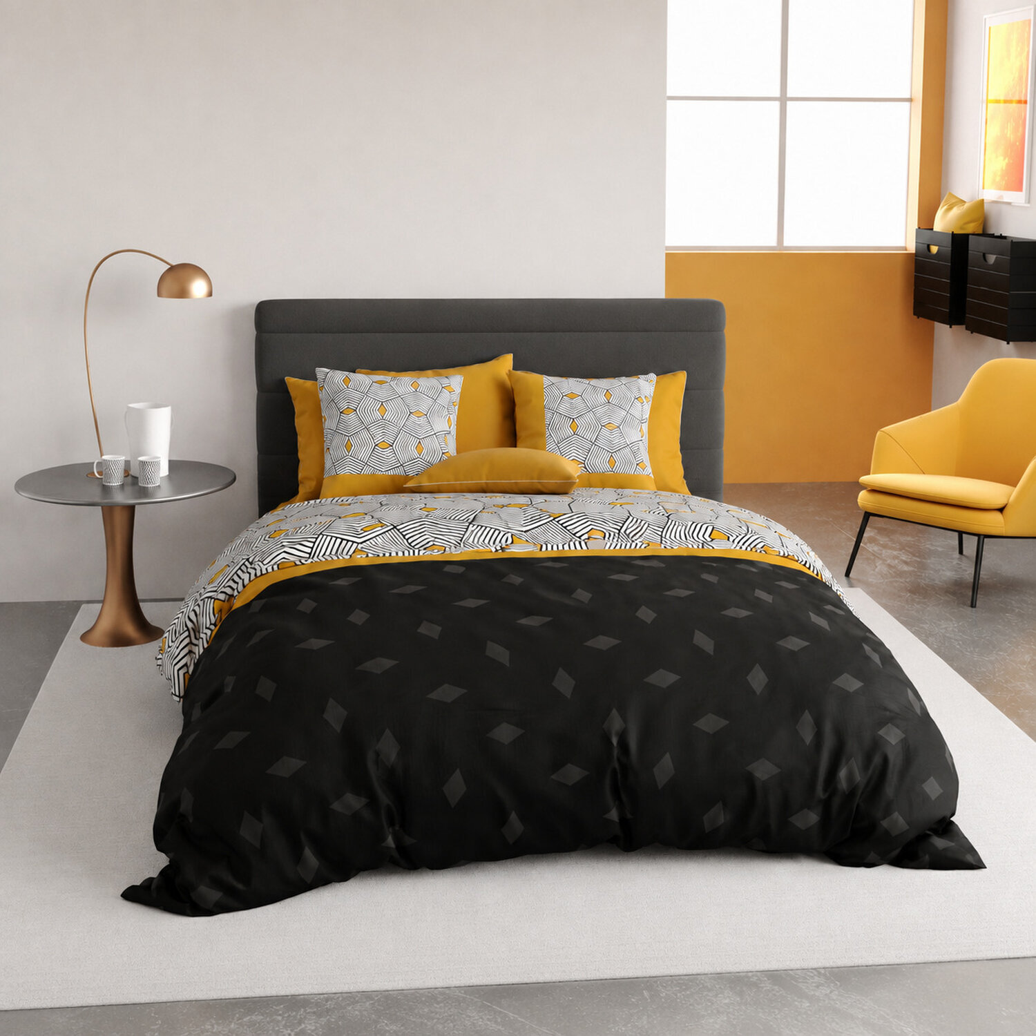 Parure housse de couette imprimé 100% coton - faro - noir