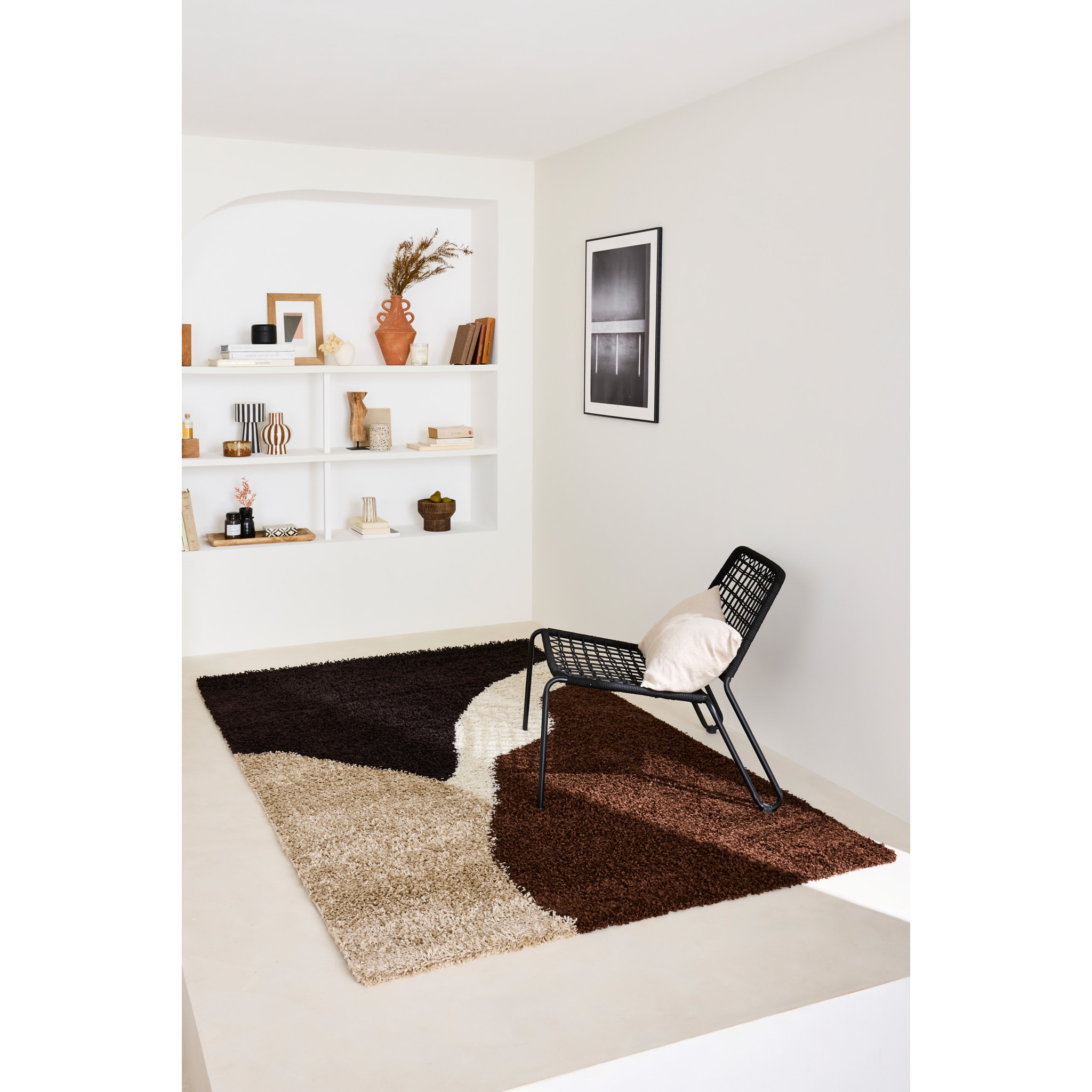 PALERME - Tapis shaggy à poils long à motif - Marron, Beige, Café et Crème