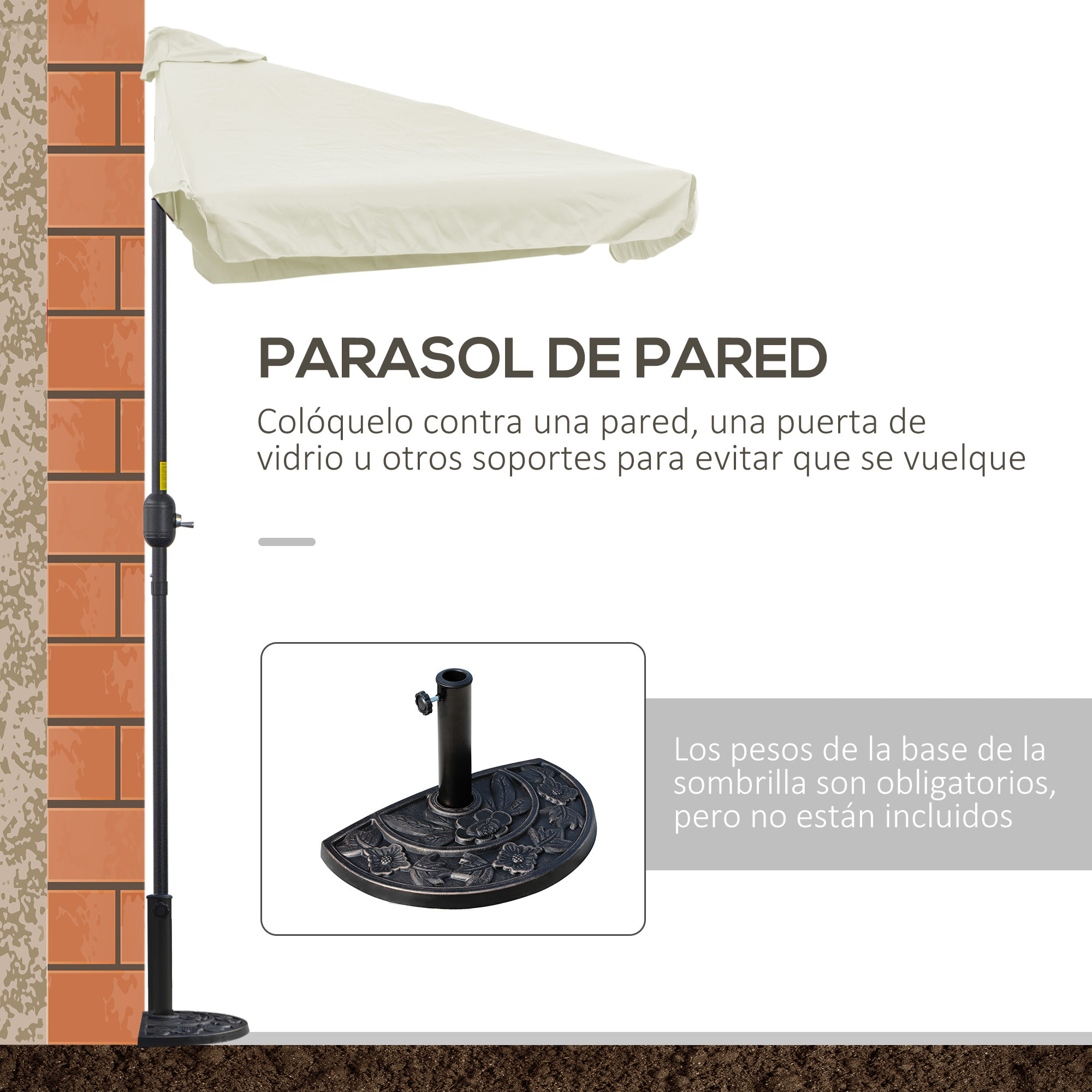 Sombrilla Rectangular 230x130x249 cm Parasol para Pared Media Sombrilla con Manivela Protección UV Impermeable Sombrilla para Balcón Terraza Jardín Crema
