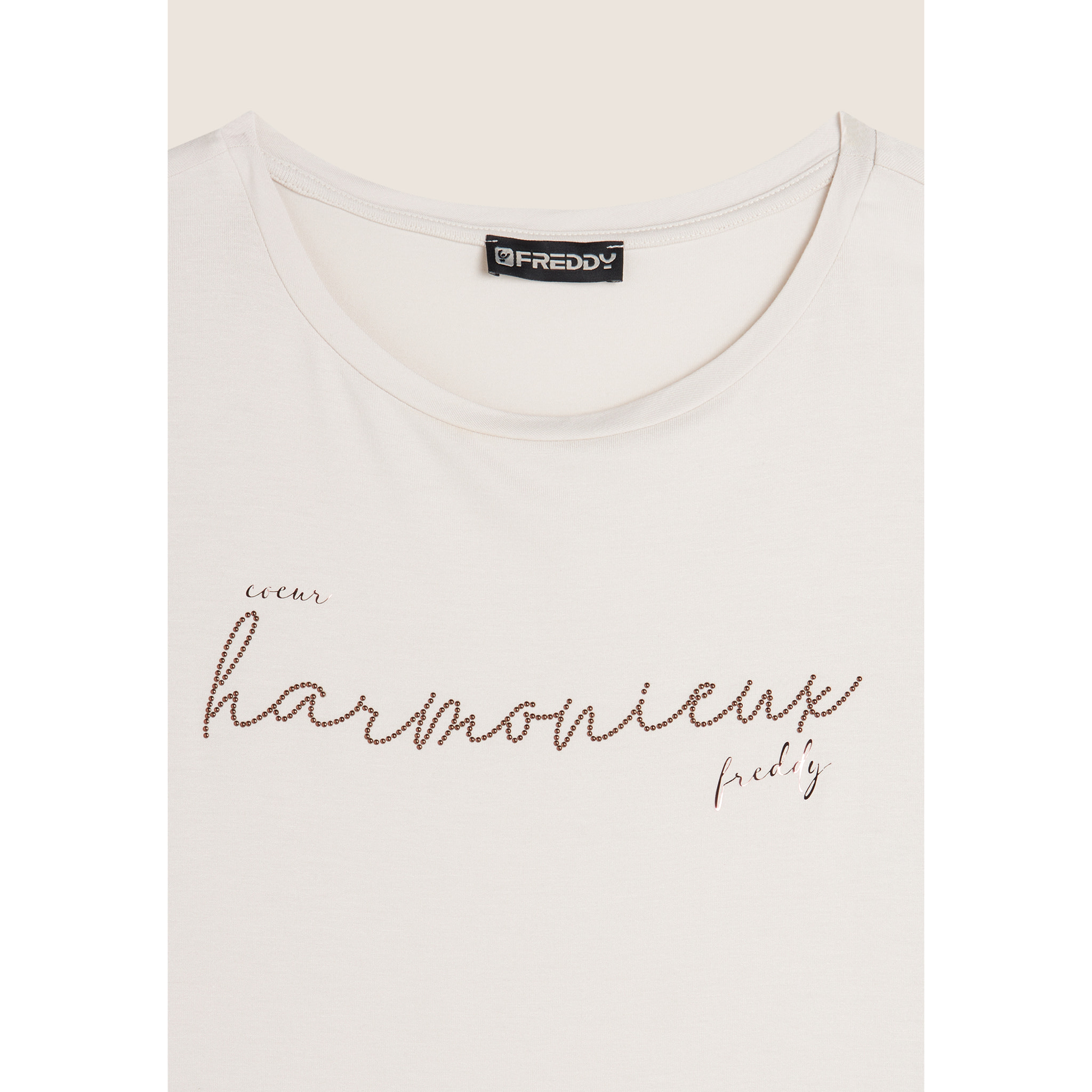 T-shirt donna in jersey viscosa scritta composta da borchie