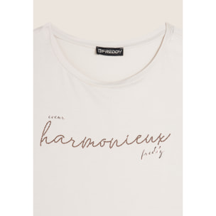 T-shirt donna in jersey viscosa scritta composta da borchie