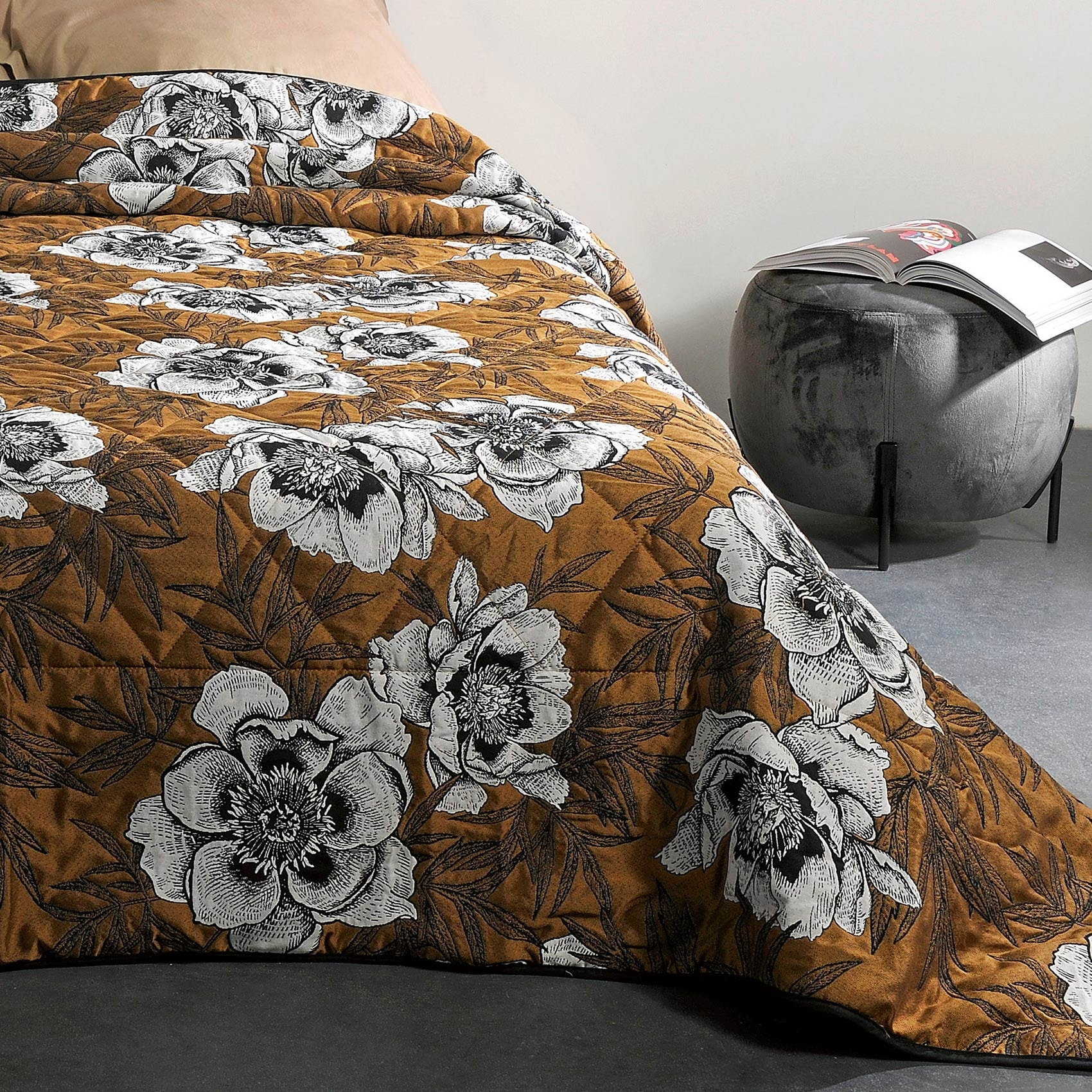 Jeté de lit aux impressions florales - Jaune moutarde