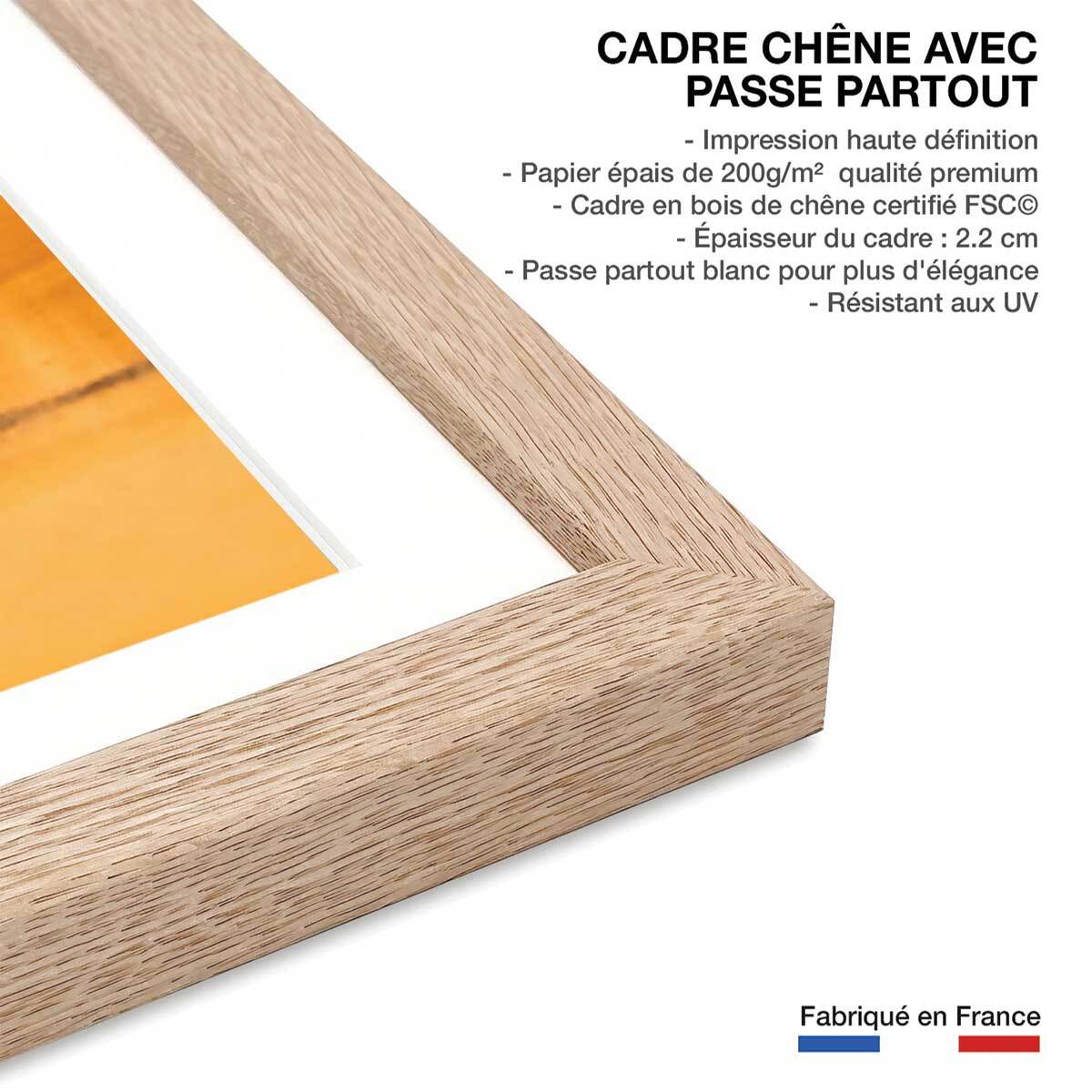 Affiche photo héron sur l'étang blanc Affiche + cadre en bois - Chêne