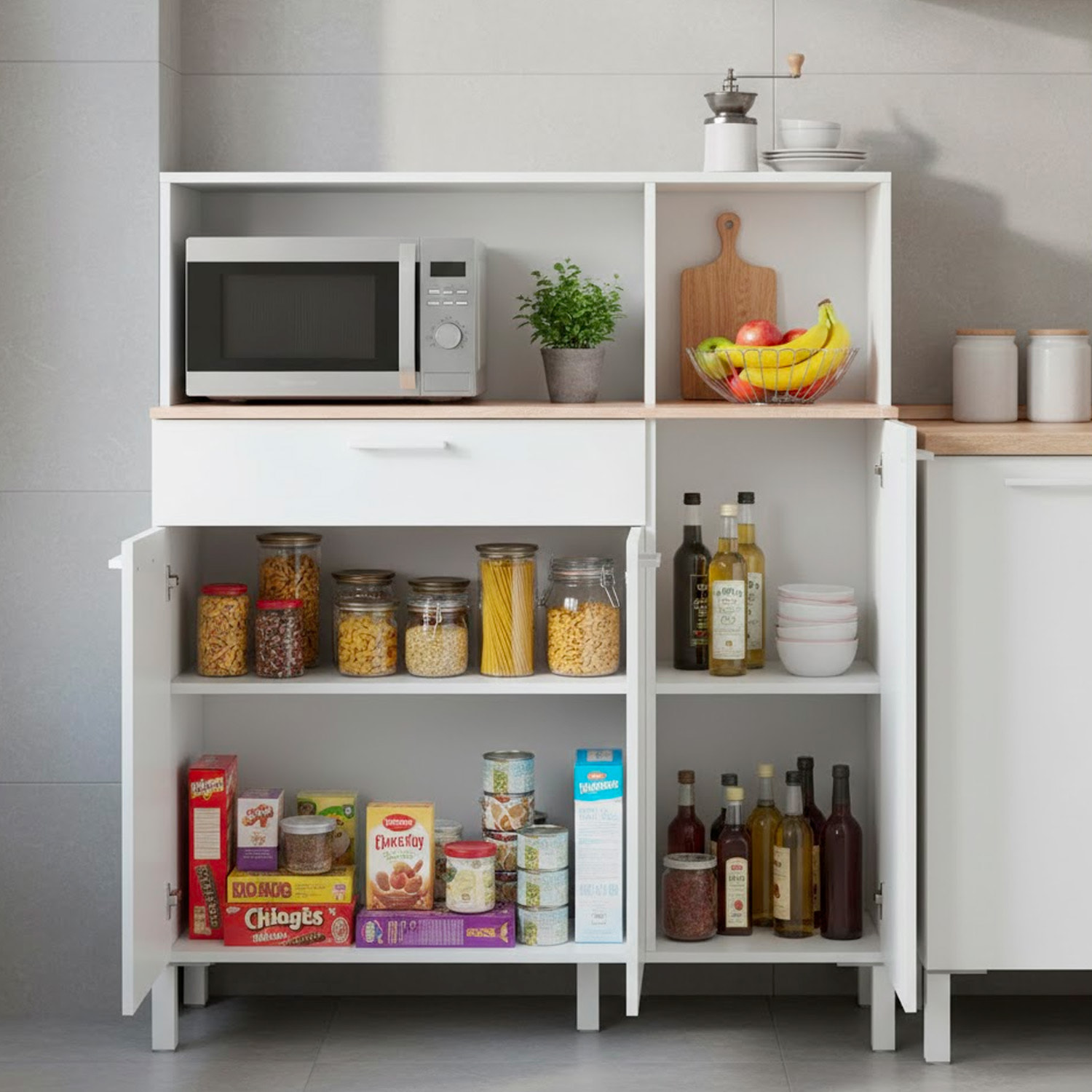 Mobile Da Cucina Credenza Con 3 Ante 1 Cassetto Madia Moderna Mobile Contenitore Con Vani A Giorno Mobiletto Dispensa 108x40x126 Cm Bianco E Rovere