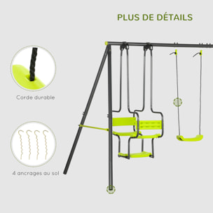 Balançoire 4 agrès portique avec 2 balançoires et 2 face à face dim. 3,55L x 1,84l x 1,86H m acier époxy gris PE vert