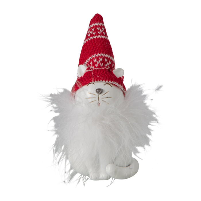 J-Line Chat avec chapeau - polyrésine - blanc/rouge Noël - small