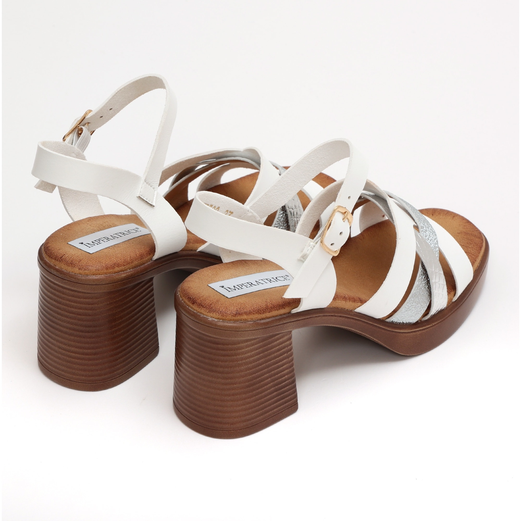 Sandali in simil pelle con tacco comodo quadrato e fasce bicolore