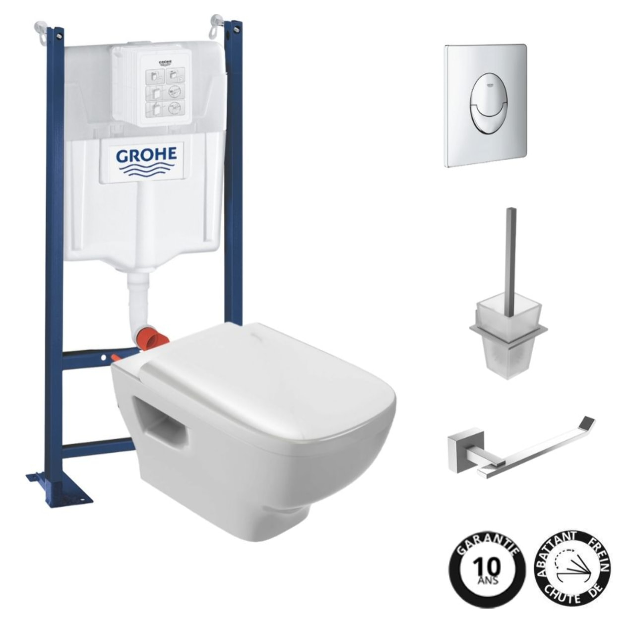 Pack WC suspendu sans bride Struktura + Bati-support GROHE + plaque Start chrome + porte-balai + porte-rouleau carré