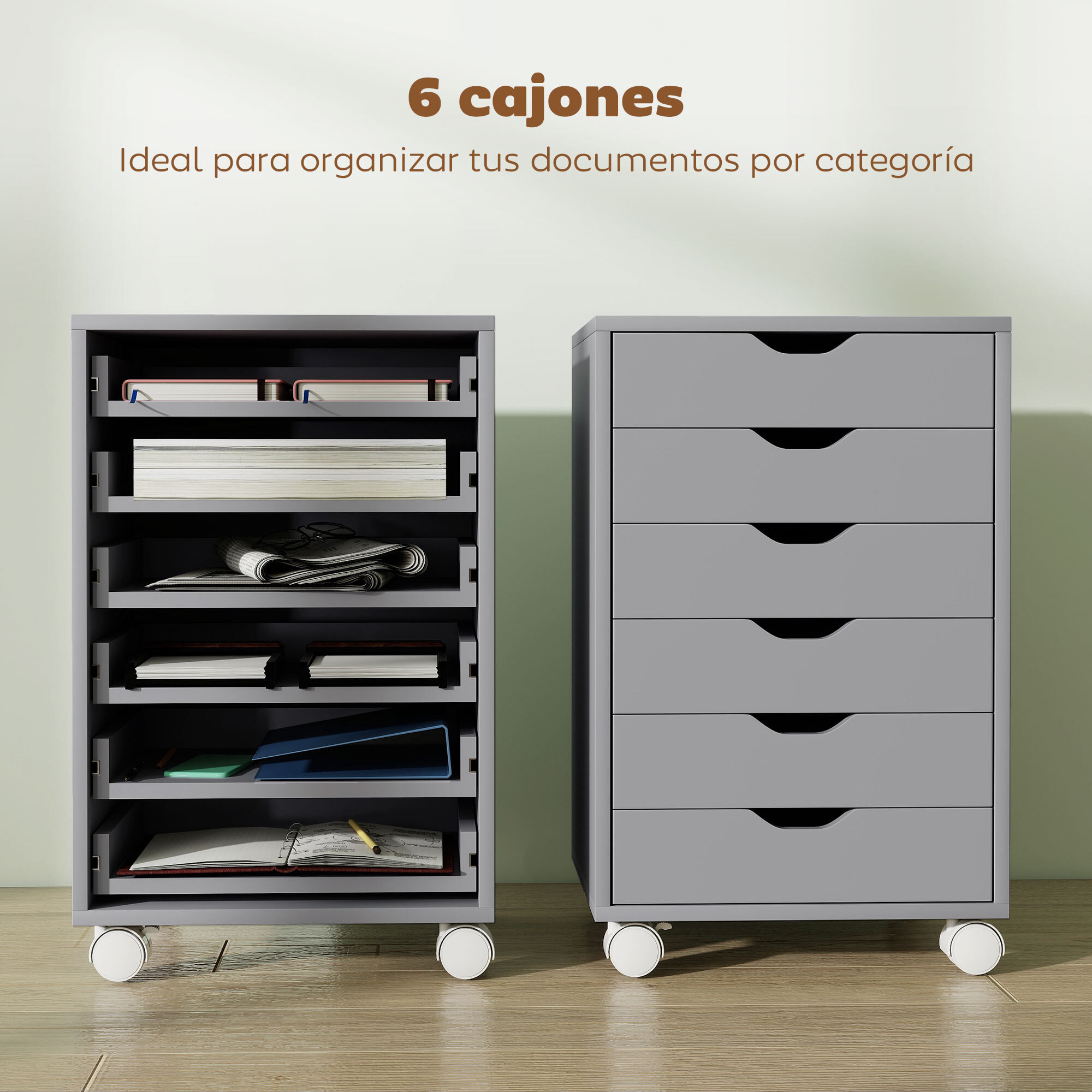 Cajonera Escritorio, Archivador Móvil con 6 Cajones, Soporte para Impresora con Ruedas, Guías Deslizantes Silenciosas, para Oficina, Casa, Gris