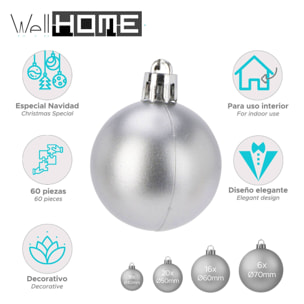 Conjunto de 60 bolas de navidad en color plata en varios diseños y acabados