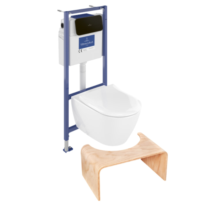 Pack WC sans bride Subway 2.0 avec abattant frein de chute + bâti Viconnect PRO + plaque noir mat  + Tabouret bois