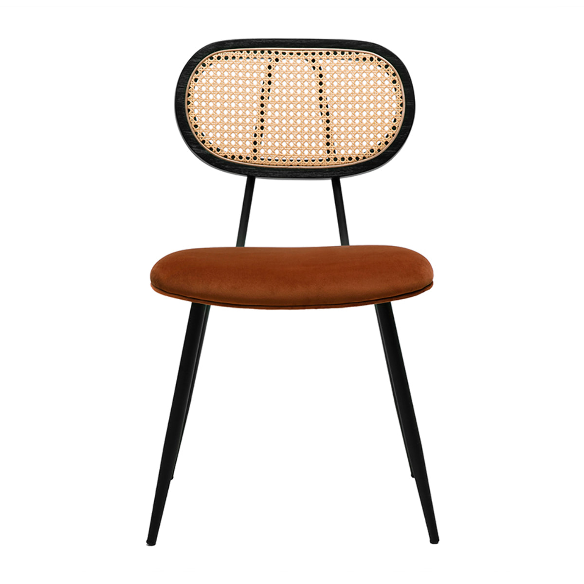 Chaises design en velours terre brûlée, métal noir et cannage rotin (lot de 2) SWANN
